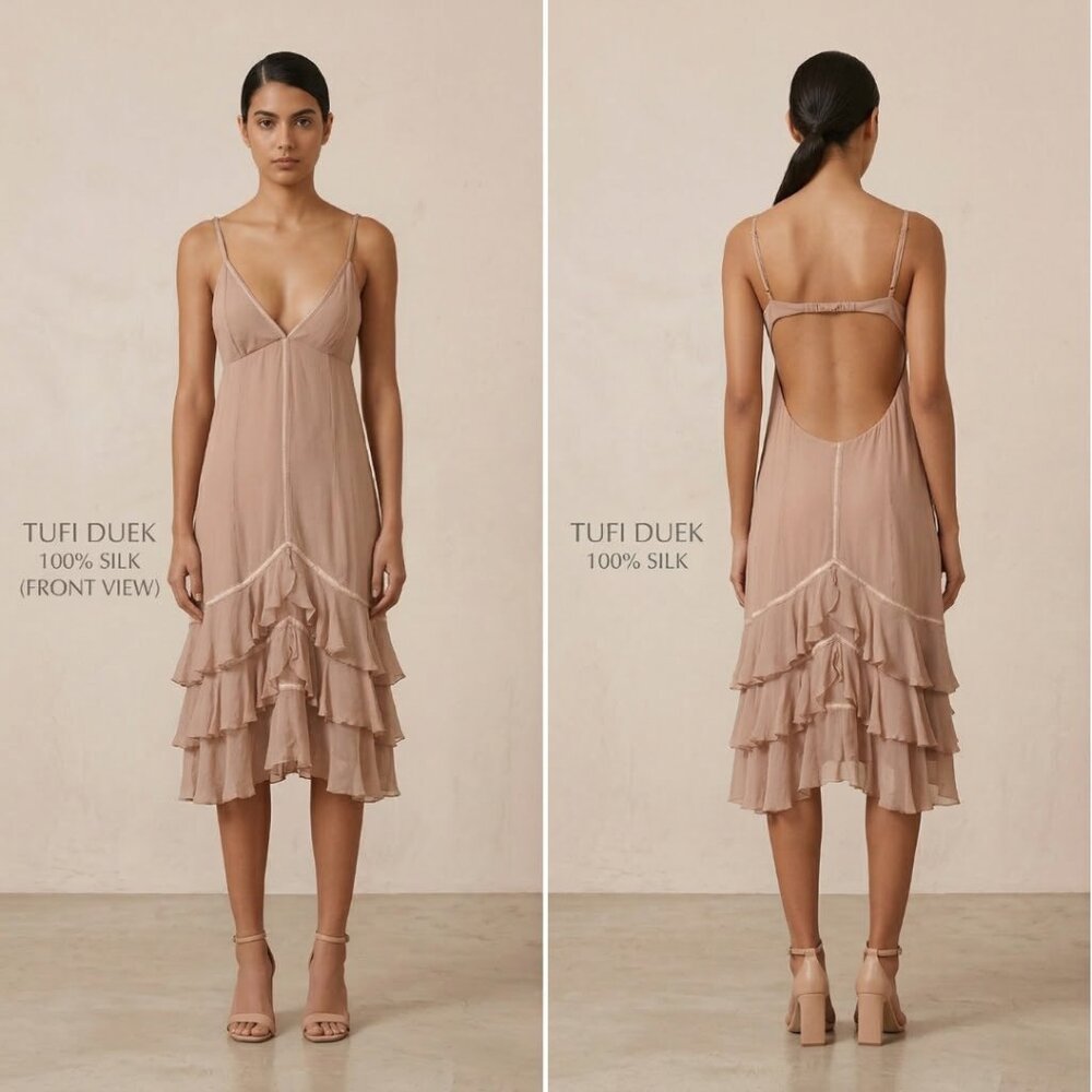 100% Silk Open Back Babydoll Dress Womens 38 (S) Mauve Tiered Ruffle Sexy
